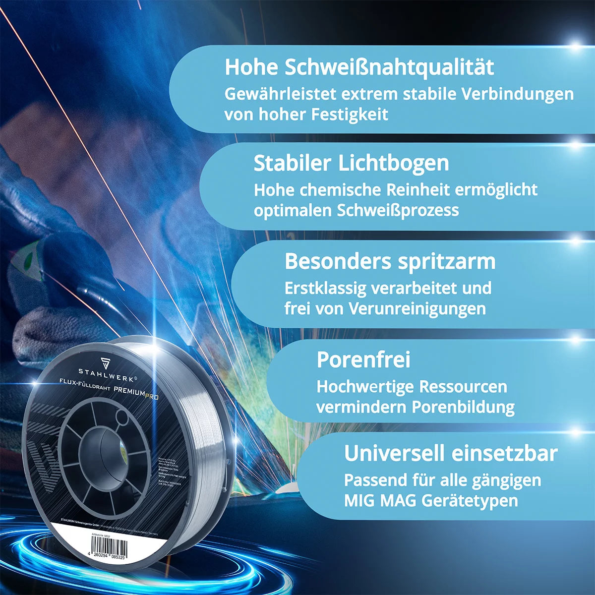 STAHLWERK MIG MAG Premium Fülldraht E71T-GS Ø 0,8 mm S200/ D200 Rolle 5 kg