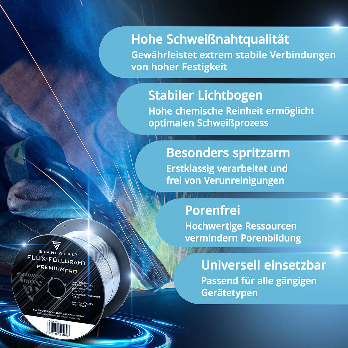 STAHLWERK MIG MAG Premium Schweißdraht - Fülldraht 3er Set E71T-GS Ø 0,9 mm S100/ D100 Drahtrolle mit 0,45 kg / Flux-Fülldraht