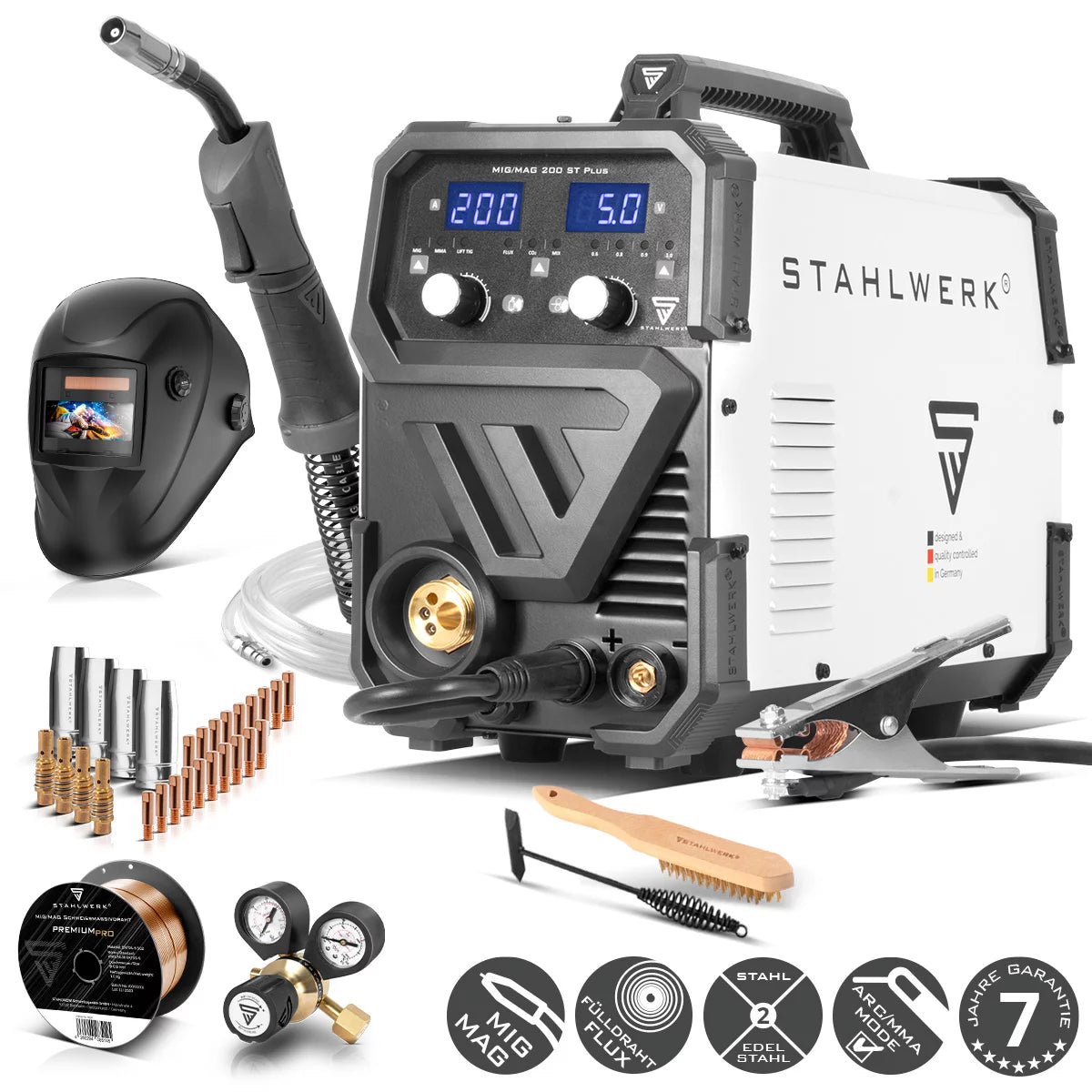 STAHLWERK Schweißgerät MIG MAG 200 ST PLUS Vollausstattung Schutzgas-Schweißgerät | IGBT Inverter mit 200 A, synergischem Drahtvorschub, FLUX-, Lift-TIG- und MMA | ARC-Funktion