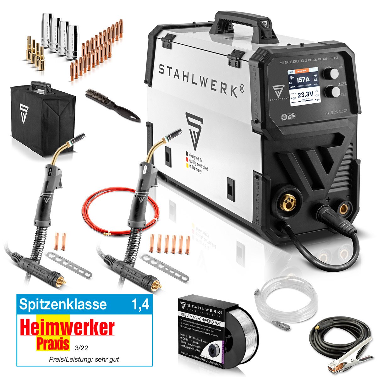 Stahlwerk MIG MAG 200 double pulse per fully synergic welding machine with AK25/MB25 aluminum welding burner and wear parts set for aluminum welding