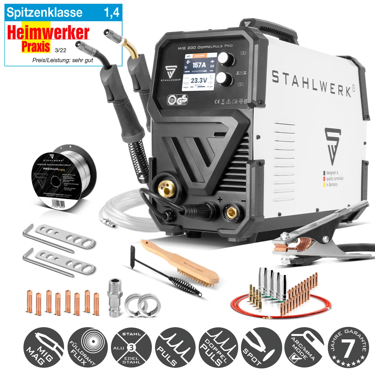 STAHLWERK MIG MAG 200 Doppelpuls Pro vollsynergisches Schweißgerät mit AK25/MB25 Alu-Schweißbrenner und Verschleißteile-Set für Aluminium-Schweißen