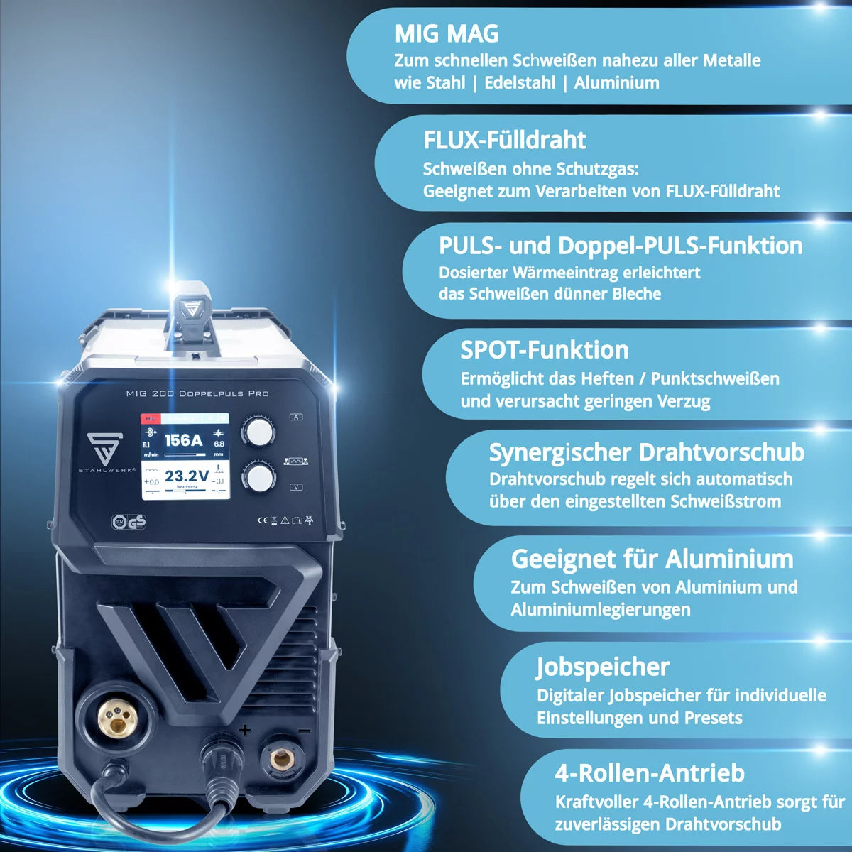 Stahlwerk Mig Mag 200 double impulsion par machine de soudage entièrement synergique avec brûleur de soudage en aluminium AK25 / MB25 et pièces de portage pour soudage en aluminium