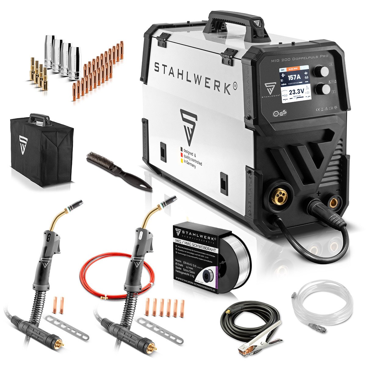 Stahlwerk MIG MAG 200 double pulse per fully synergic welding machine with AK25/MB25 aluminum welding burner and wear parts set for aluminum welding