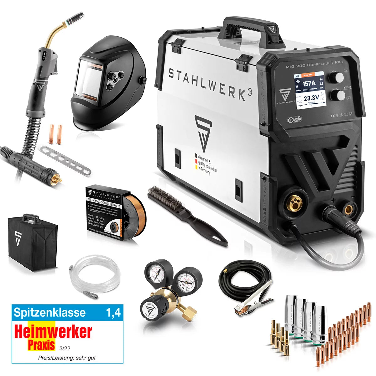 Stahlwerk MIG MAG 200 Double pulse per full equipment Full-syngical welding machine with AK25 welding burner and AK25 wear parts set