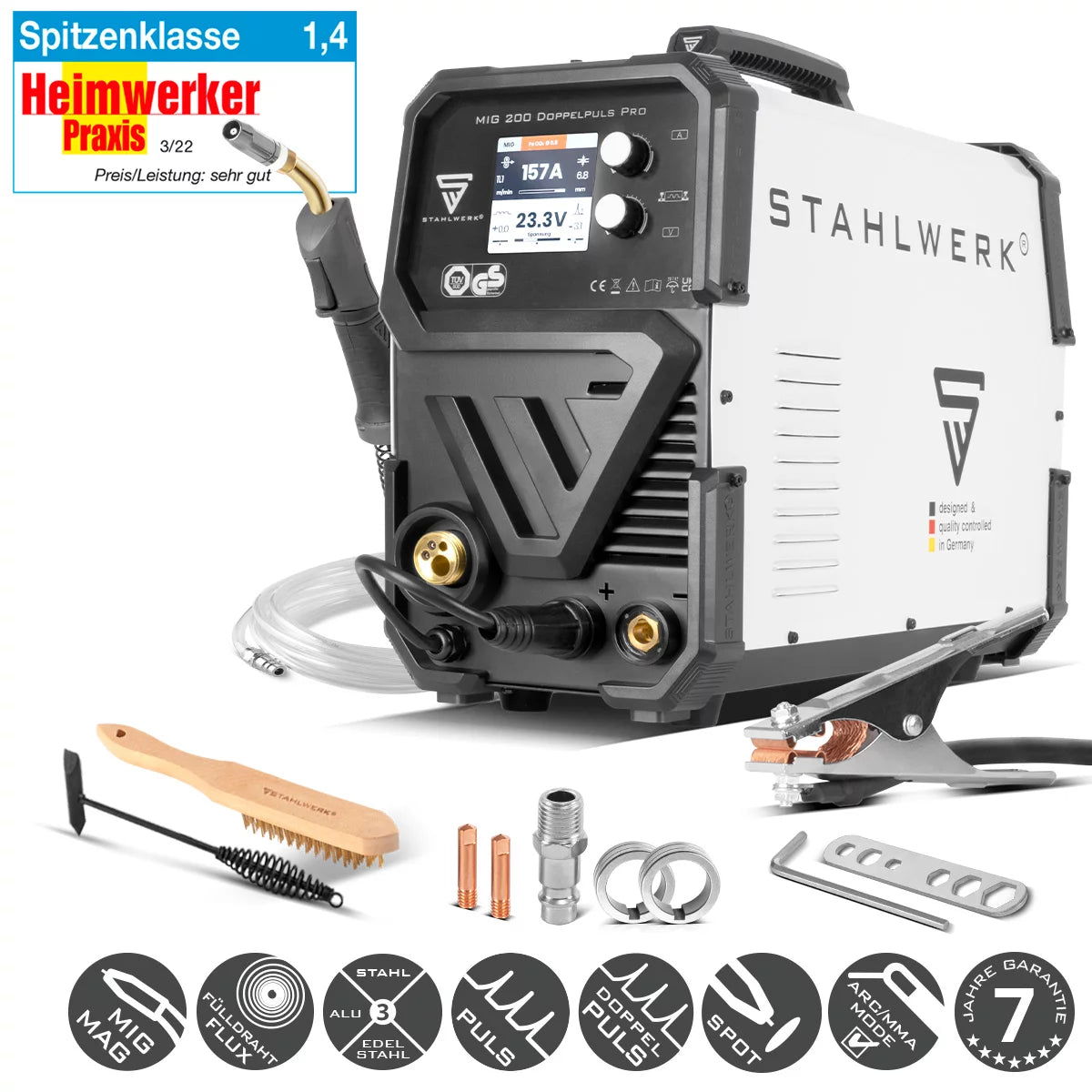 STAHLWERK MIG MAG 200 Doppelpuls Pro vollsynergisches Schweißgerät mit 200 Ampere und AK25/MB25 Schweißbrenner, Stahl, Edelstahl, Aluminium, Fülldraht