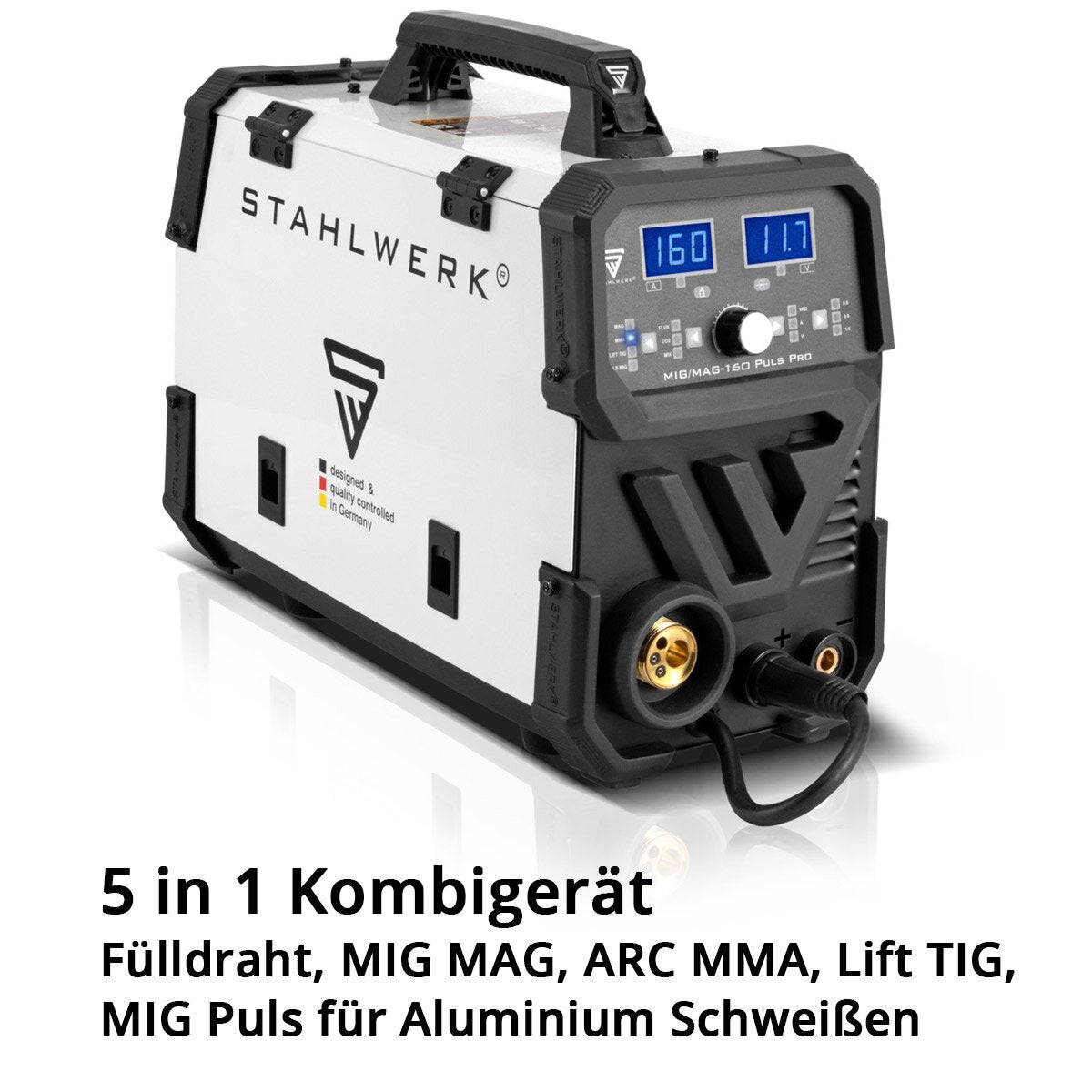 Stahlwerk MIG MAG 160 PULS PRO IGBT Protection gas Full synergic 5 in 1 combination device with real 160 amps including AK25/MB25 aluminum welding burner, wire shreds and wear parts set for aluminum welding