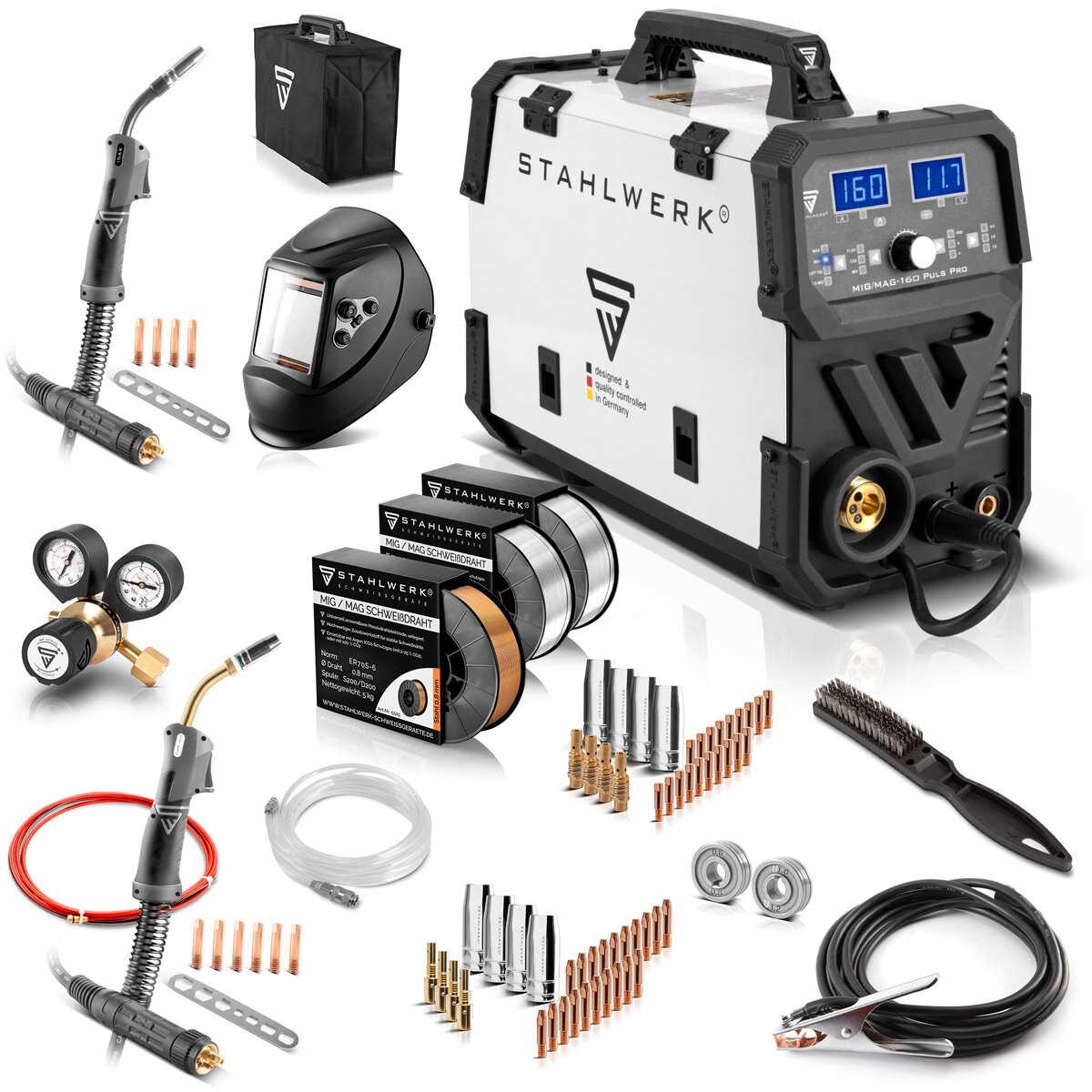 Stahlwerk MIG MAG 160 PULS PRO IGBT Protection gas Full Equipment full syngical 5 in 1 combination device with real 160 amps including AK25/MB25 Alu-welding burner, wire feed roller and wearing set for aluminum welding