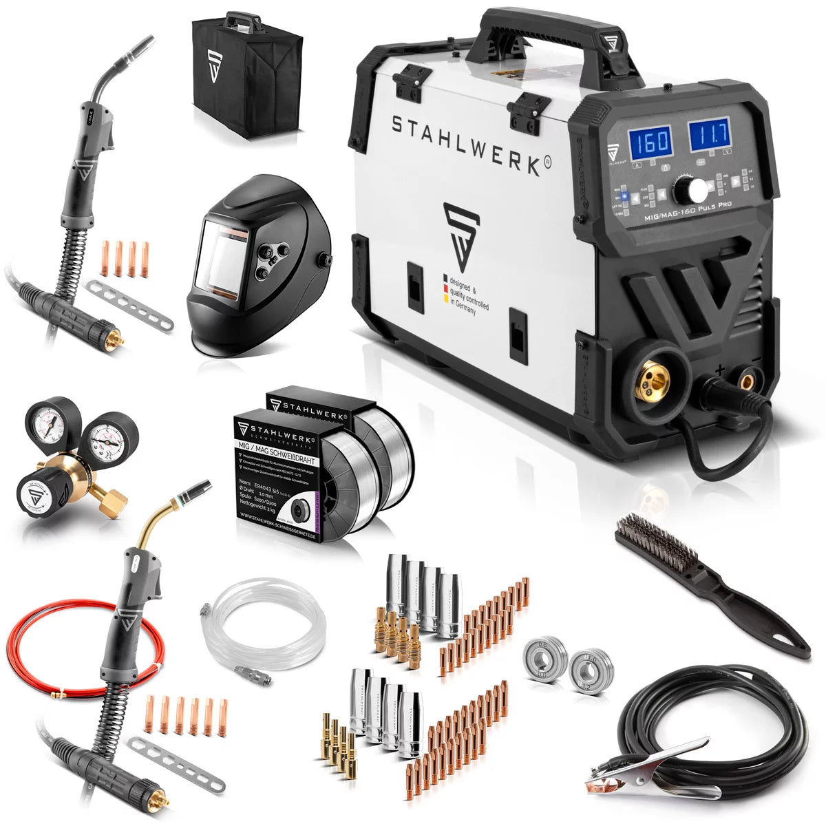 STAHLWERK MIG MAG 160 Puls Pro IGBT Schutzgas Schweißgerät Vollausstattung Vollsynergisches 5 in 1 Kombigerät mit echten 160 Ampere inklusive AK25/MB25 Alu-Schweißbrenner, Drahtvorschubrollen und Verschleißteile-Set für Aluminium-Schweißen