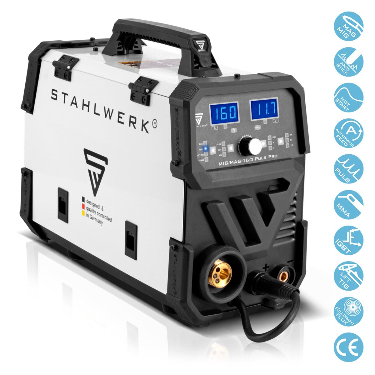 Stahlwerk MIG MAG 160 PULS PRO IGBT Protection gas Full Equipment full syngical 5 in 1 combination device with real 160 amps including AK25/MB25 Alu-welding burner, wire feed roller and wearing set for aluminum welding