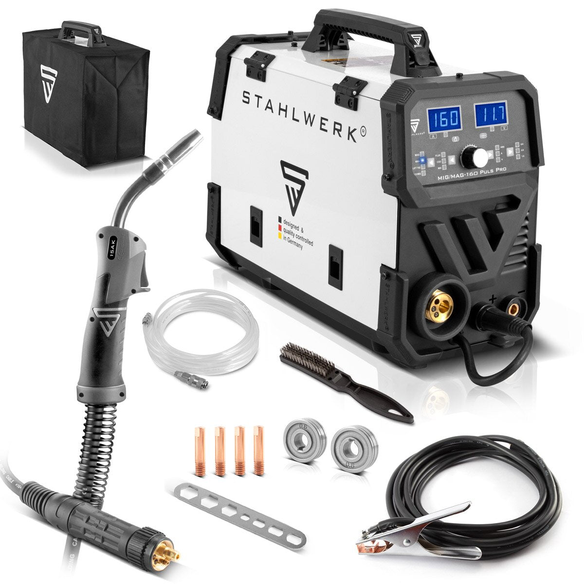 Stahlwerk Mig Mag 160 Pulse Pro IGBT Protection gas Full -syngical 5 in 1 combination device with real 160 amps / filling wire, Mig Mag, ARC MMA, Lift Tig, Mig Pulse for Aluminum Welding