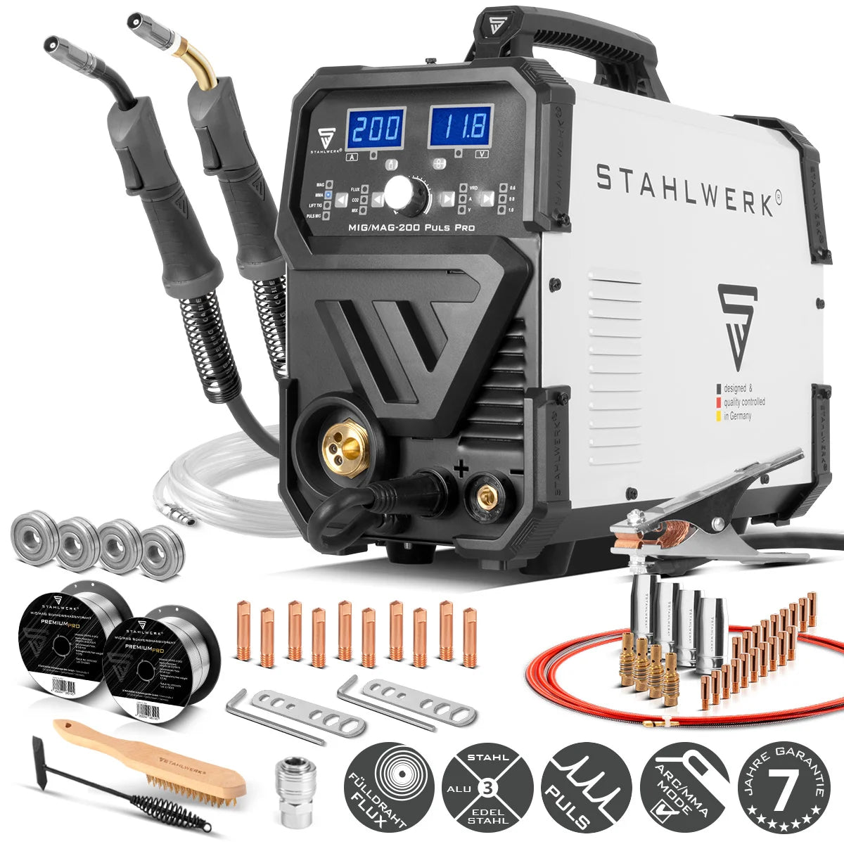 STAHLWERK MIG MAG 200 Puls Pro Schutzgas Schweißgerät Vollsynergisches 5 in 1 Kombigerät mit echten 200 Ampere inklusive AK25/MB25 Alu-Schweißbrenner, Verschleißteile-Set für Aluminium-Schweißen