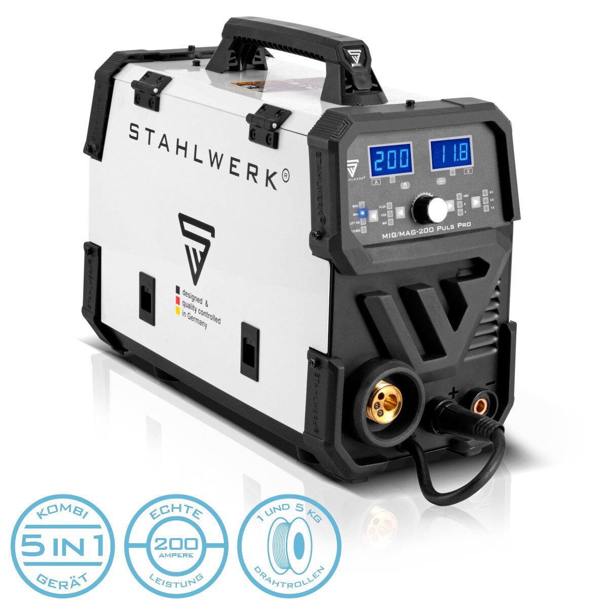 Stahlwerk MIG MAG 200 PULS Pro IGBT Protection gas Full-syngical 5 in 1 combination device with real 200 amps including AK25/MB25 aluminum welding burner, wire shroels and wear parts set for aluminum welding