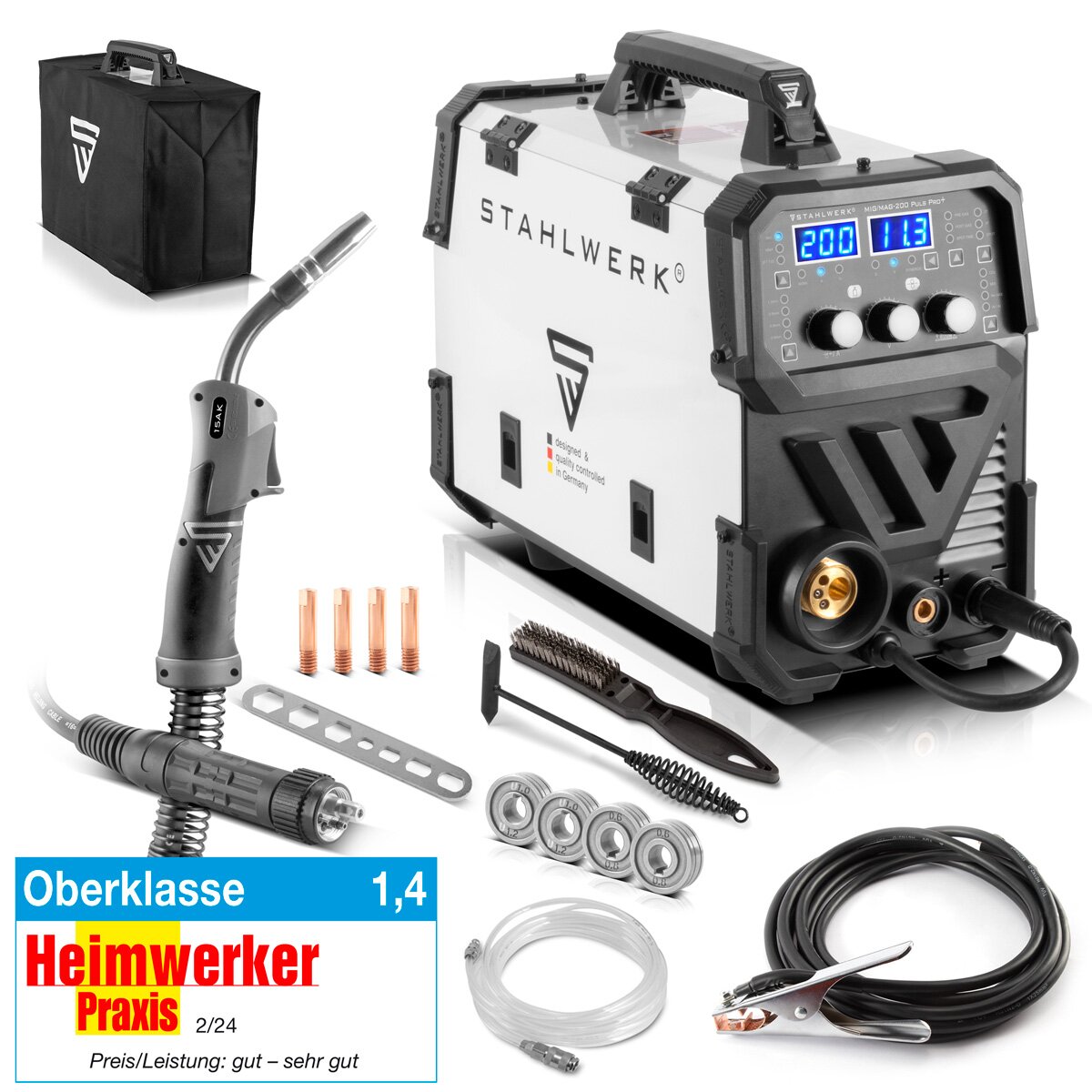 Stahlwerk MIG MAG 200 Spot Puls Pro, inverter IGBT completamente sinergico, dispositivo di combinazione 5 in 1 con funzione spot e 200 ampere, alluminio | Fild filo | Mig mag | Arco mma | Solleva Tig | Impulso