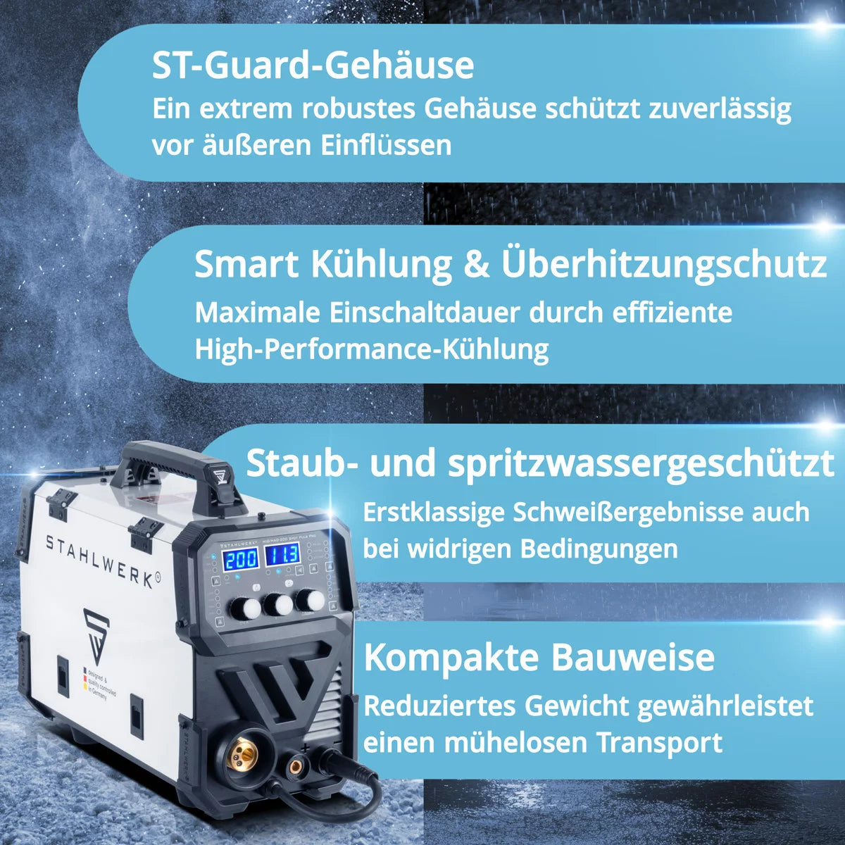 Stahlwerk Mig Mag 200 Spot Puls Pro, fully synergian IGBT Inverter, 5 in 1 combination device with spot function and 200 ampere, aluminum | Fill wire | Mig Mag | ARC MMA | Lift Tig | pulse