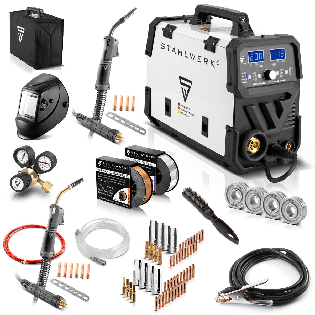 Stahlwerk MIG MAG 200 PULS PUBBT Protection gas Full equipment full syngical 5 in 1 combination device with real 200 amps including AK25/MB25 aluminum welding burner, wire feed rollers and wear parts set for aluminum welding