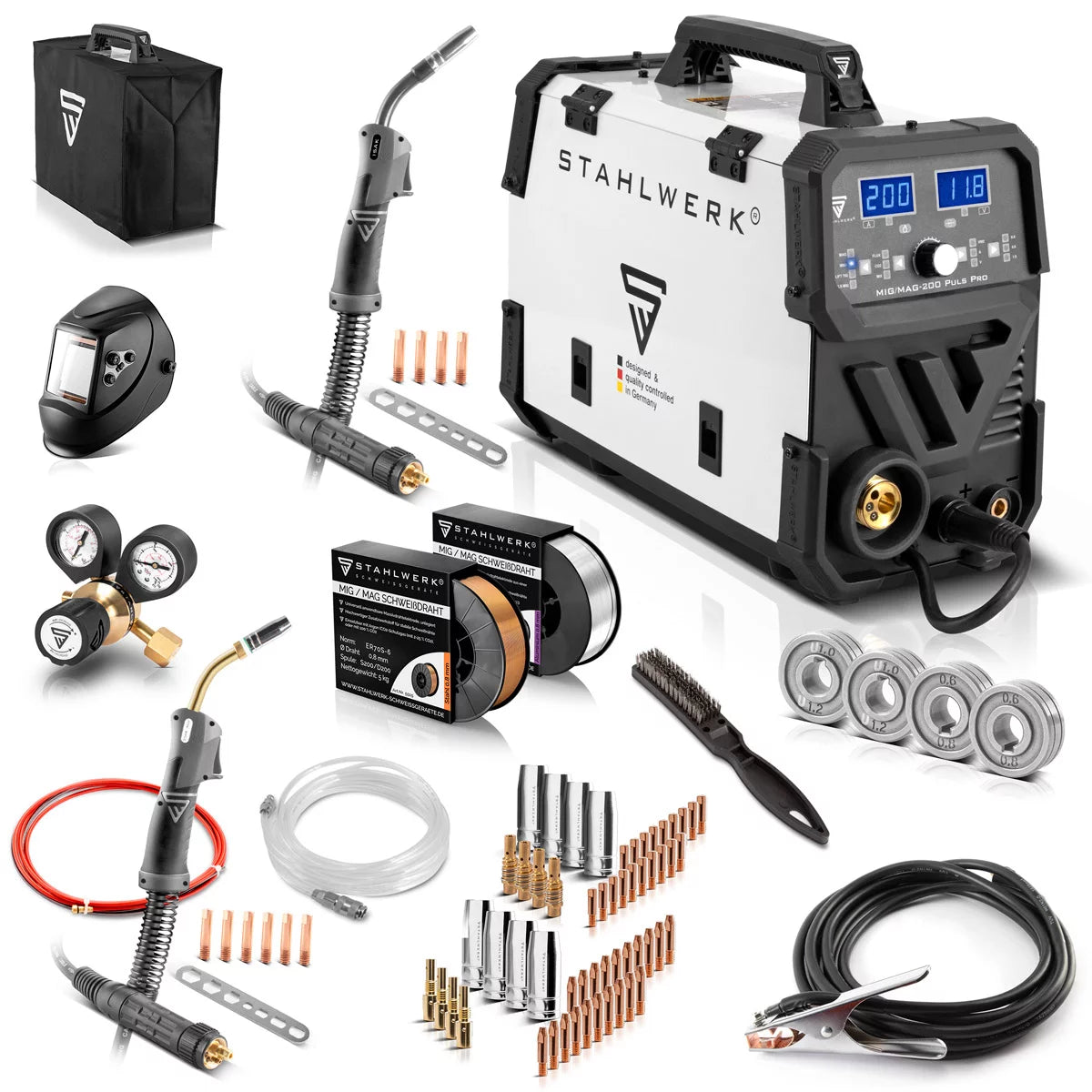 STAHLWERK MIG MAG 200 Puls Pro IGBT Schutzgas Schweißgerät Vollausstattung Vollsynergisches 5 in 1 Kombigerät mit echten 200 Ampere inklusive AK25/MB25 Alu-Schweißbrenner, Drahtvorschubrollen und Verschleißteile-Set für Aluminium-Schweißen