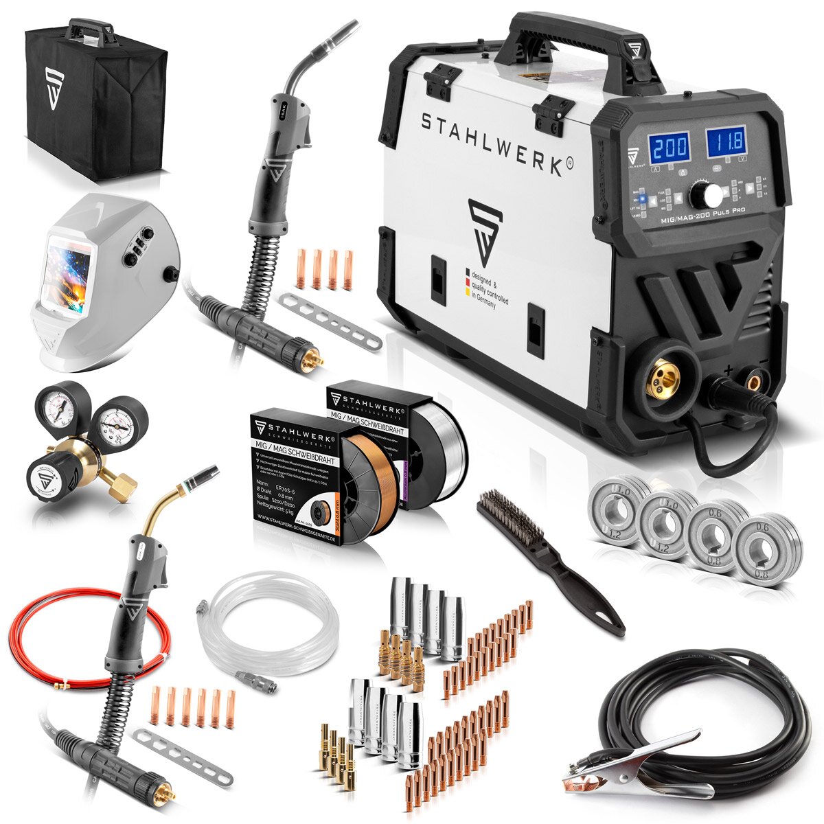 STAHLWERK MIG MAG 200 Puls Pro IGBT Schutzgas Schweißgerät Vollausstattung Vollsynergisches 5 in 1 Kombigerät mit echten 200 Ampere inklusive AK25/MB25 Alu-Schweißbrenner, Drahtvorschubrollen und Verschleißteile-Set für Aluminium-Schweißen