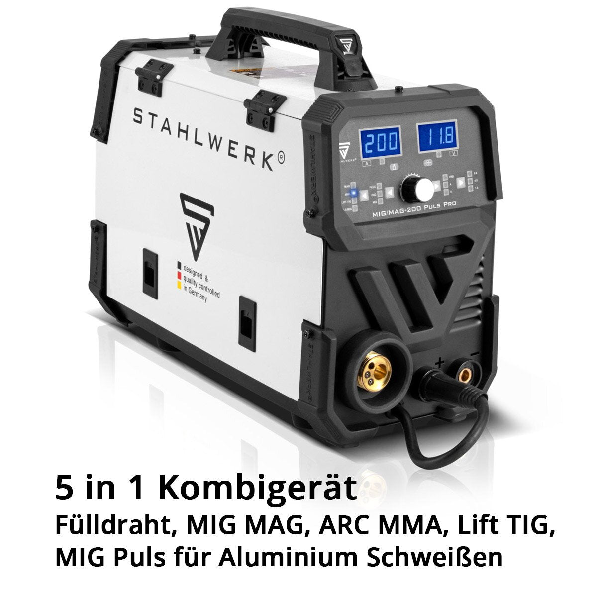 Stahlwerk MIG MAG 200 PULS Pro IGBT Protective gas welding machine full Synergic 5 in 1 combination device with real 200 amps and 4 rollers drive / filling wire, MIG MAG, ARC MMA, Lift Tig, Mig pulse for aluminum welding