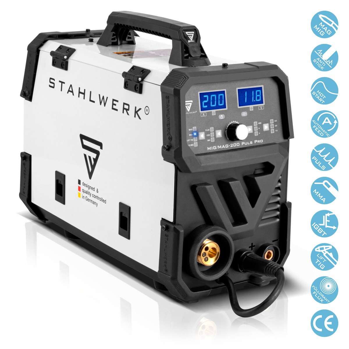 Stahlwerk MIG MAG 200 PULS Pro IGBT Protective gas welding machine full Synergic 5 in 1 combination device with real 200 amps and 4 rollers drive / filling wire, MIG MAG, ARC MMA, Lift Tig, Mig pulse for aluminum welding