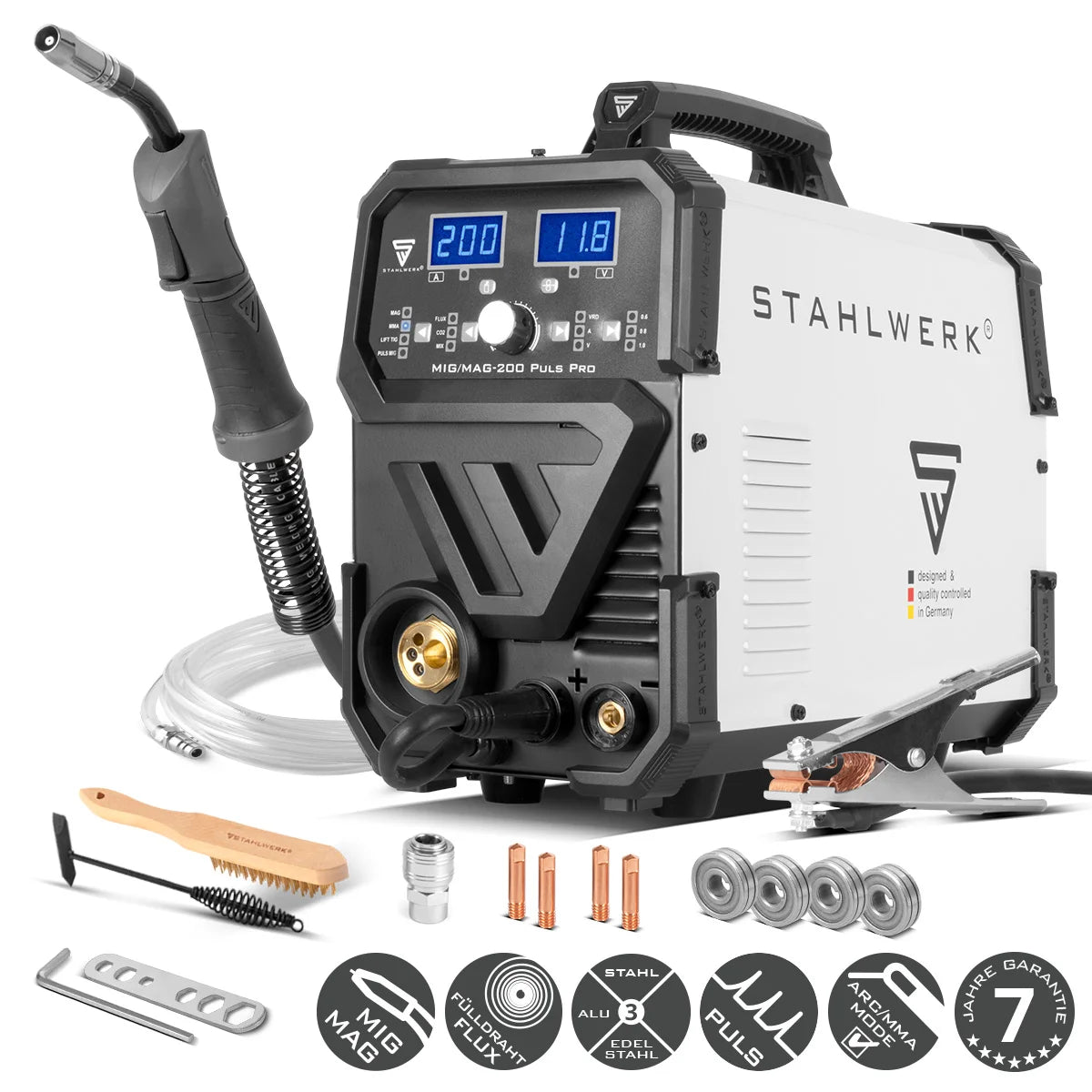 STAHLWERK MIG MAG 200 Puls Pro Schutzgas Schweißgerät Vollsynergisches 5 in 1 Kombigerät mit echten 200 A und 4 Rollen Antrieb, Fülldraht, MIG MAG, ARC MMA, Lift TIG, MIG Puls für Alu Schweißen