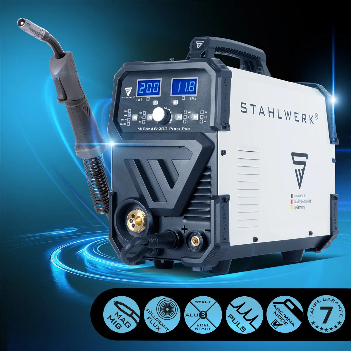 STAHLWERK MIG MAG 200 Puls Pro Schutzgas Schweißgerät Vollausstattung Vollsynergisches 5 in 1 Kombigerät mit echten 200 Ampere AK25/MB25 Alu-Verschleißteile-Set für Aluminium-Schweißen