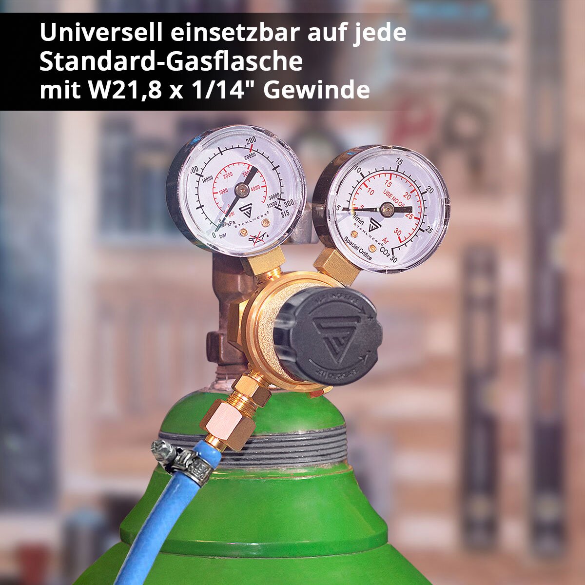 Steelworks mini-pressure reducer ST-215 according to DIN standard EN ISO 2503 pressure regulators up to 200 bar made of high-quality brass for Argon | CO2 | Mix 18 | Mixed gas | Protection gas for WIG and MIG likes welding equipment