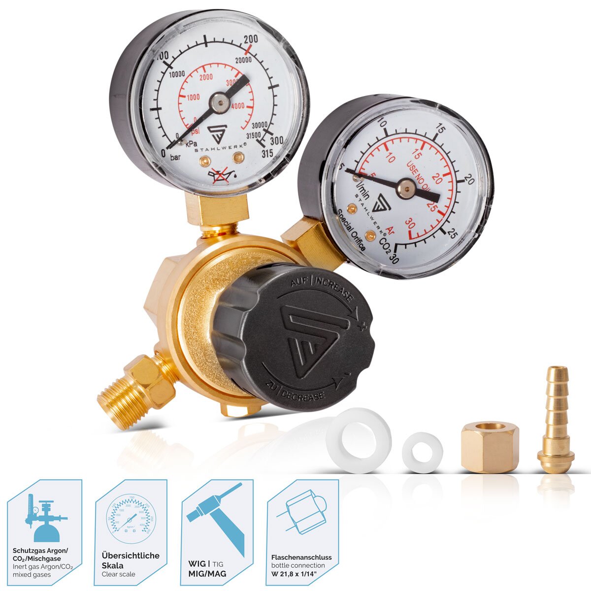 Steelworks mini-pressure reducer ST-215 according to DIN standard EN ISO 2503 pressure regulators up to 200 bar made of high-quality brass for Argon | CO2 | Mix 18 | Mixed gas | Protection gas for WIG and MIG likes welding equipment