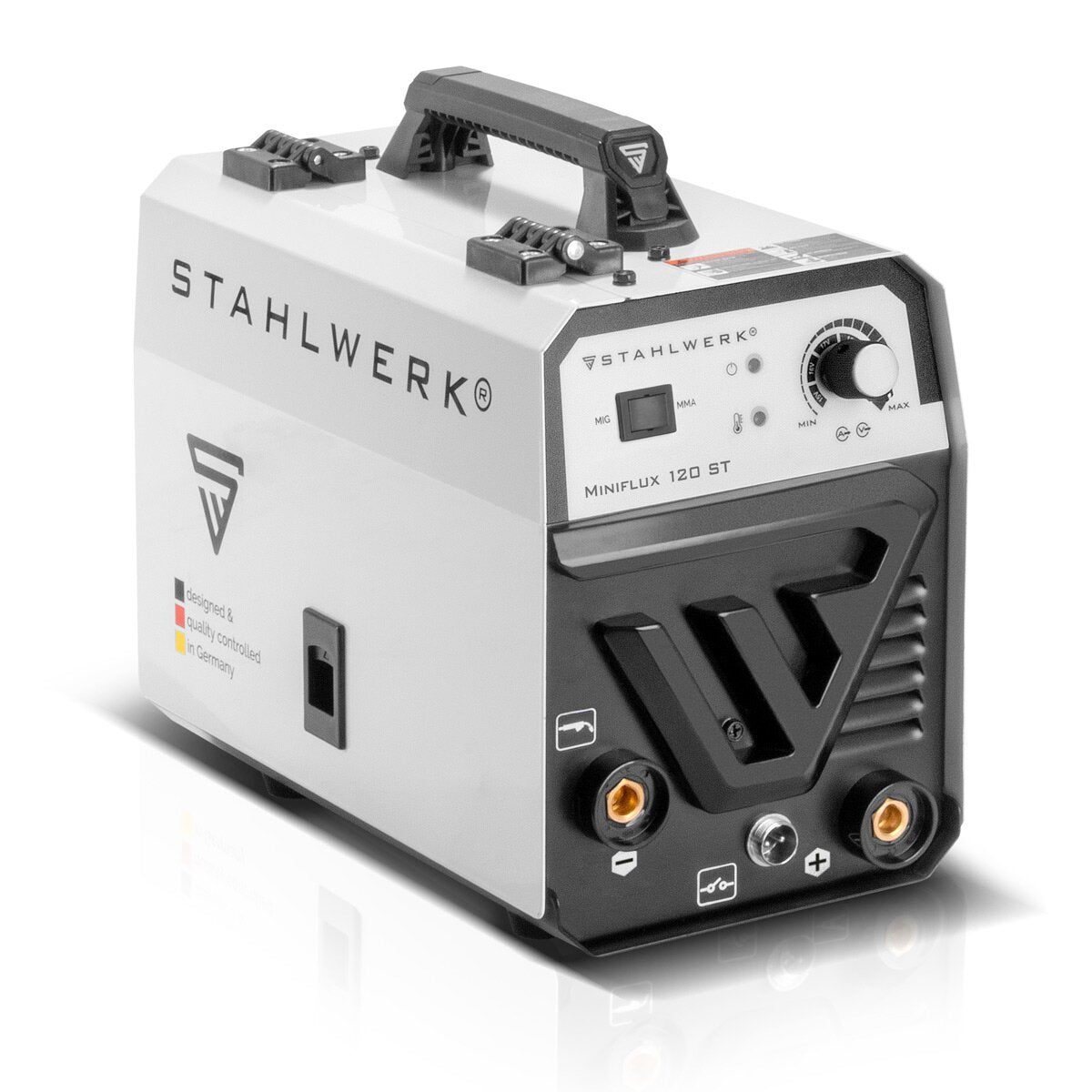 Steelworks Mini Flux 120 ST Riempie Welding Machine con un filo full -syngical per 0,6 | 0.8 | 0.9 | 1,0 mm di filo del sudore, inverter compatto con 120 ampli reali per la saldatura senza gas protettivo