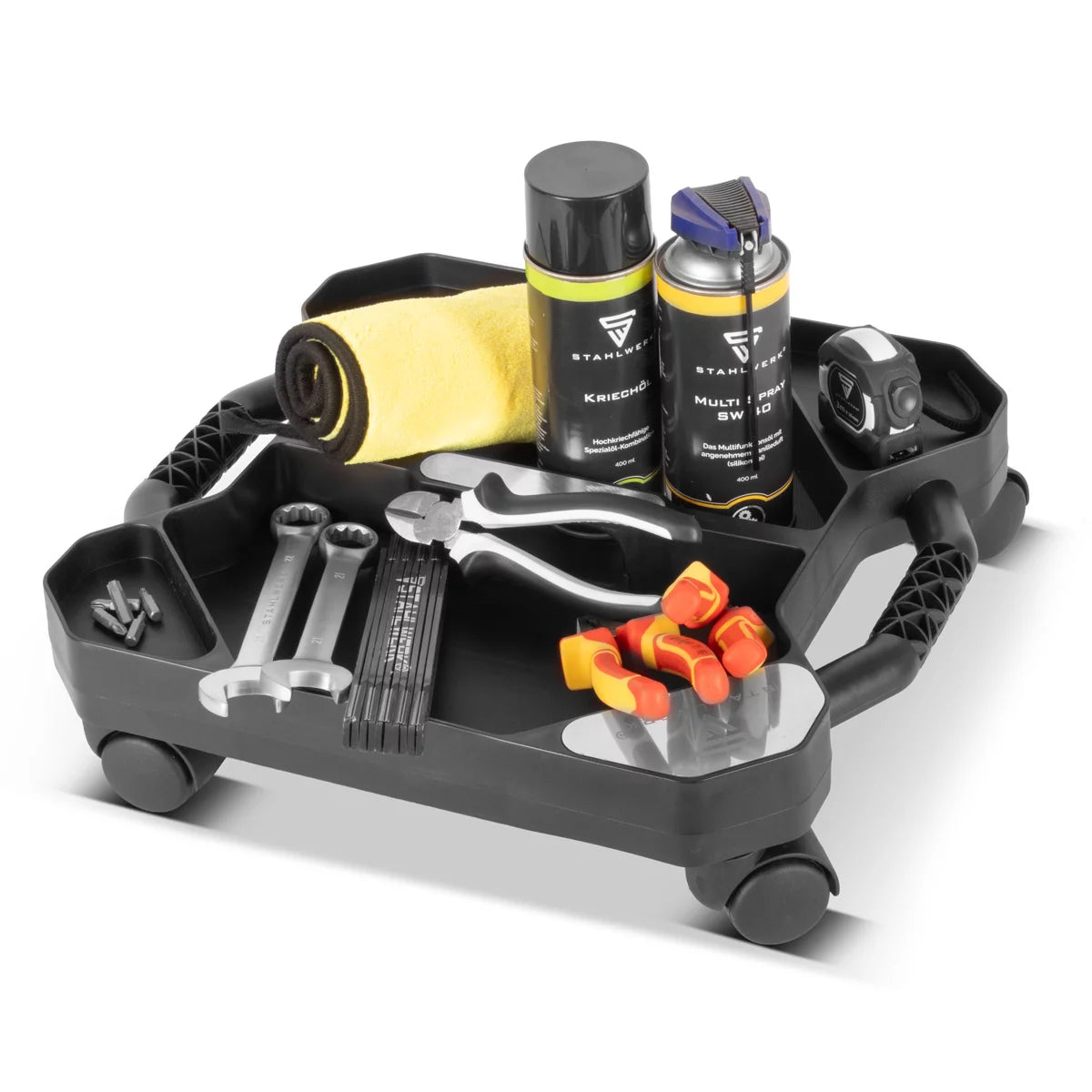 STAHLWERK workshop caddy RTC-100 ST | Mobile tool organizer | Small workshop trolley with 5 compartments | Trolley | Assembly aid | Compact tool box on wheels | Load capacity 45 kg