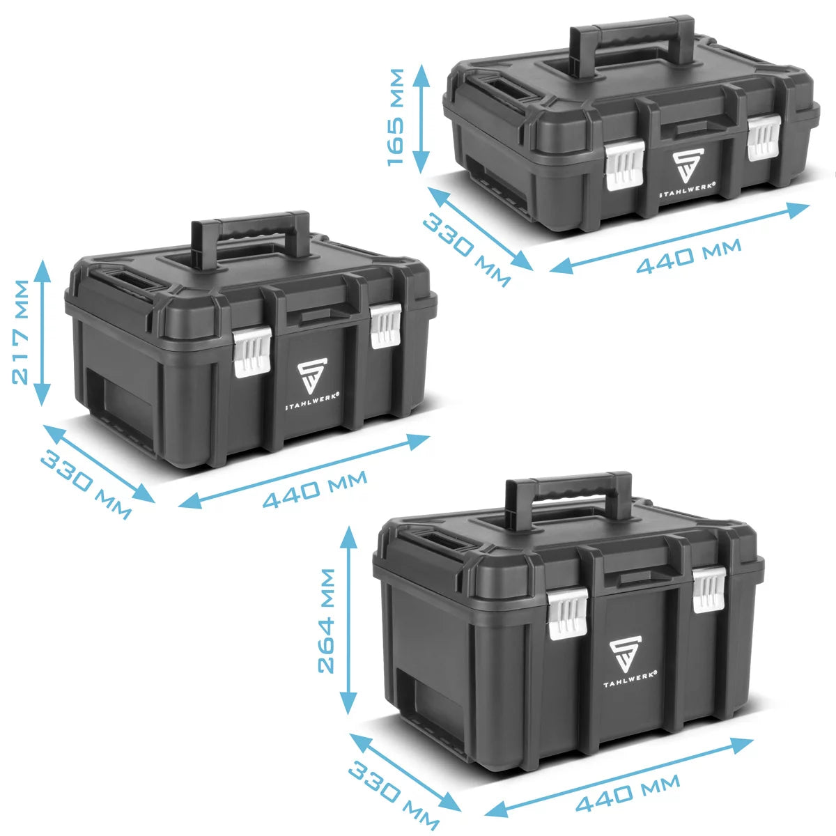 STAHLWERK Toolbox Set | 3 stackable tool boxes | Mobile tool trolley with roller board | Flexible module system with assortment boxes | Mobile tool boxes with small parts organizers