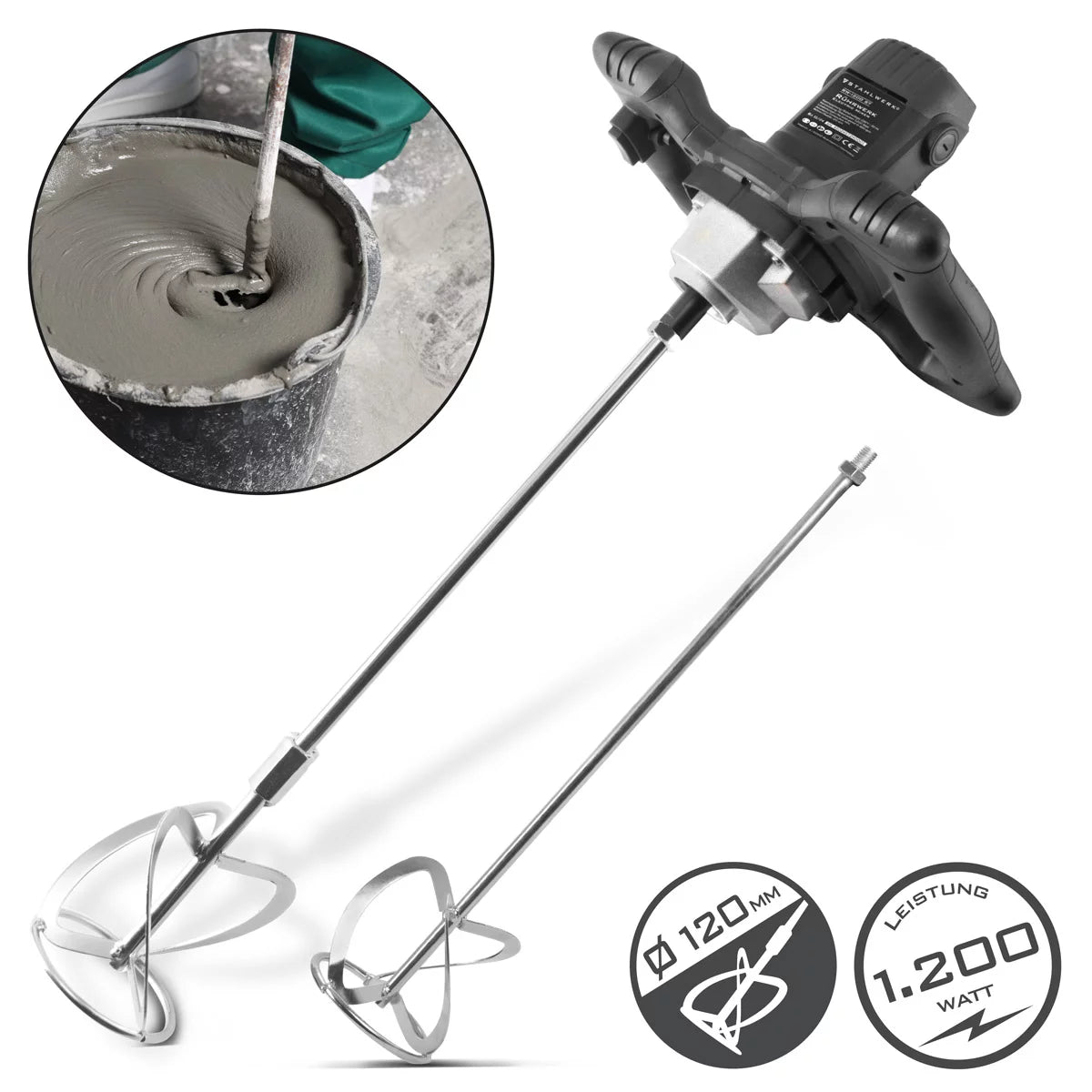 STAHLWERK agitator RW-1200 ST | 1,200 W and 850 rpm | Electric mortar stirrer with additional whisk 120 x 600 mm | Speed ​​control and safety switch | Concrete mixer | Paint stirrer | color mixer