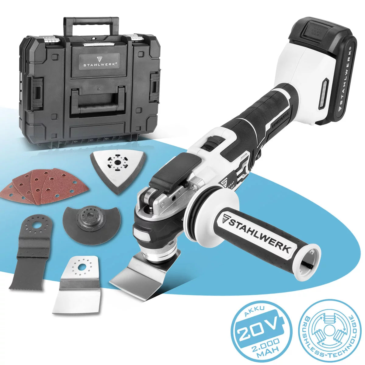 Herramienta multifunción oscilante a batería STAHLWERK OMTB-20 ST con 900 W, 10.500-20.000 rpm y sistema de batería de 20 V, lijadora delta/herramienta oscilante/multicortadora con tecnología Brushless