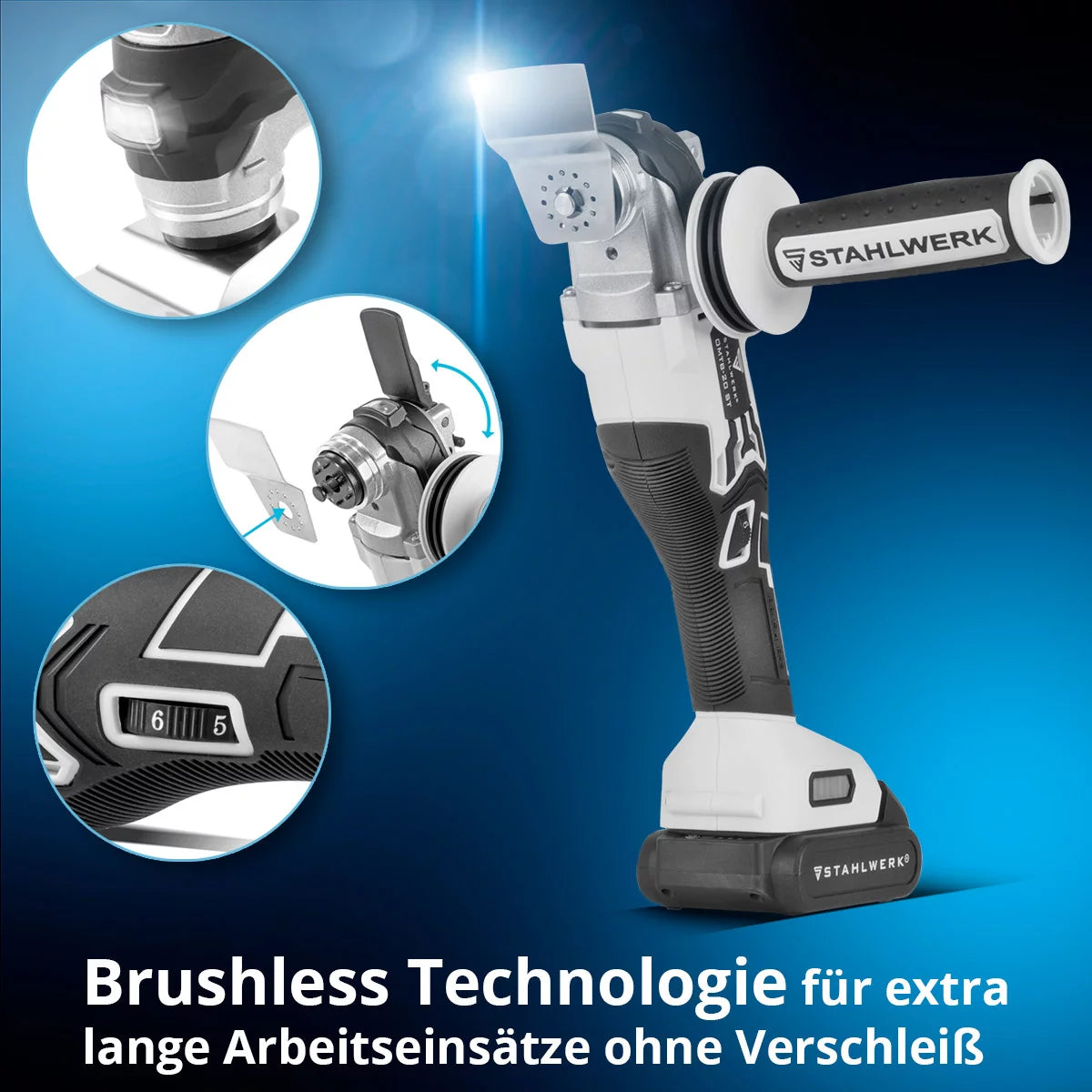 STAHLWERK Oszillierendes Akku Multifunktionswerkzeug OMTB-20 ST mit 900 Watt, 10.500-20.000 U/min und 20 V Akku-System, Deltaschleifer / Oszillationswerkzeug / Multicutter mit Brushless Technologie