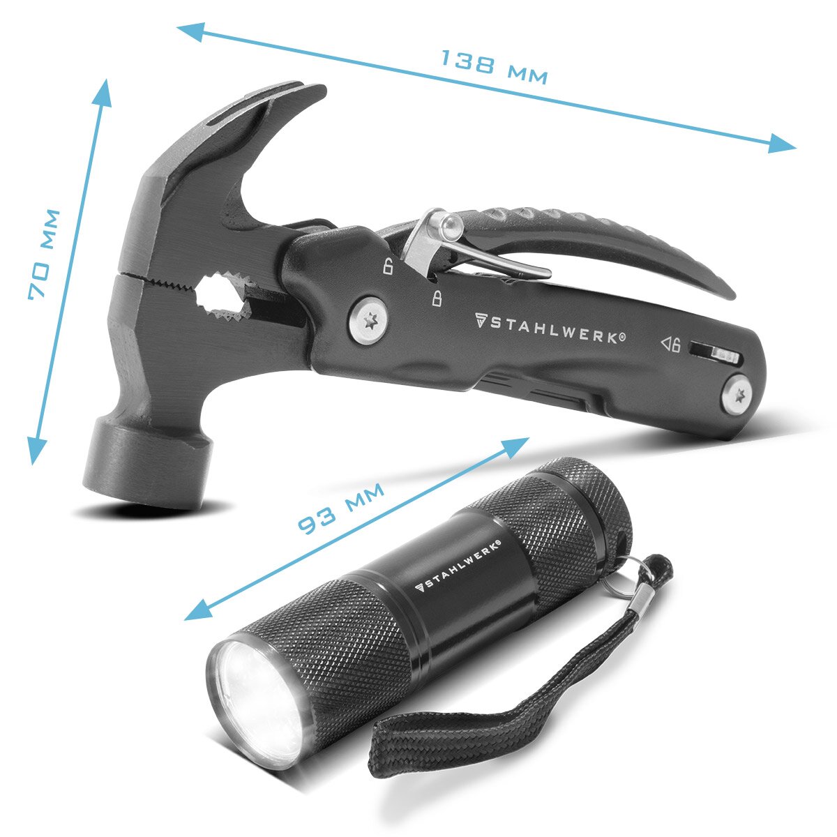 Steelwork Multi -tool with 12 tools, high -quality pocket knife / folding knife / multifunctional tool with hammer, knife, saw, file, combination, screwdriver etc. including LED flashlight