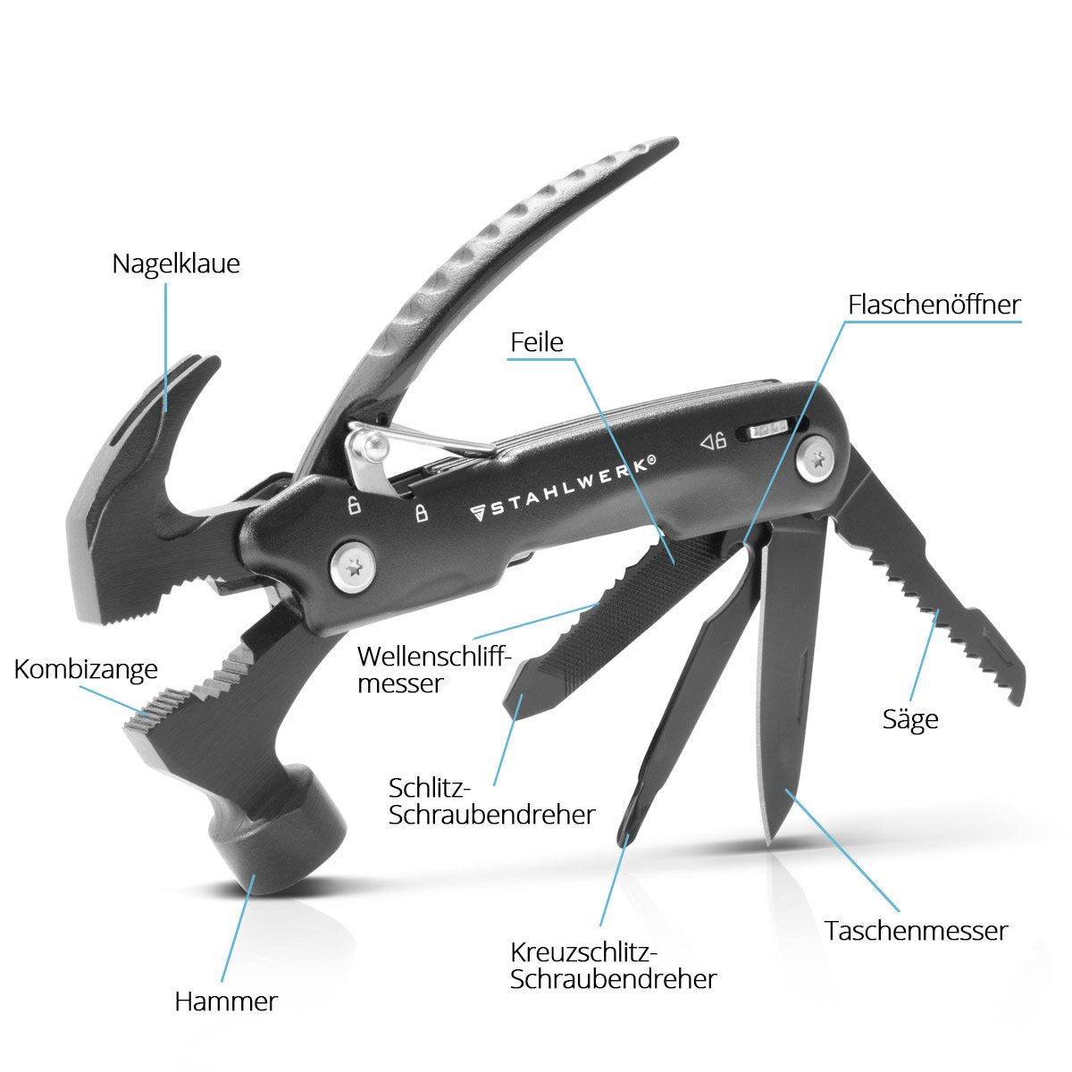 Steelwork Multi -tool with 12 tools, high -quality pocket knife / folding knife / multifunctional tool with hammer, knife, saw, file, combination, screwdriver etc. including LED flashlight