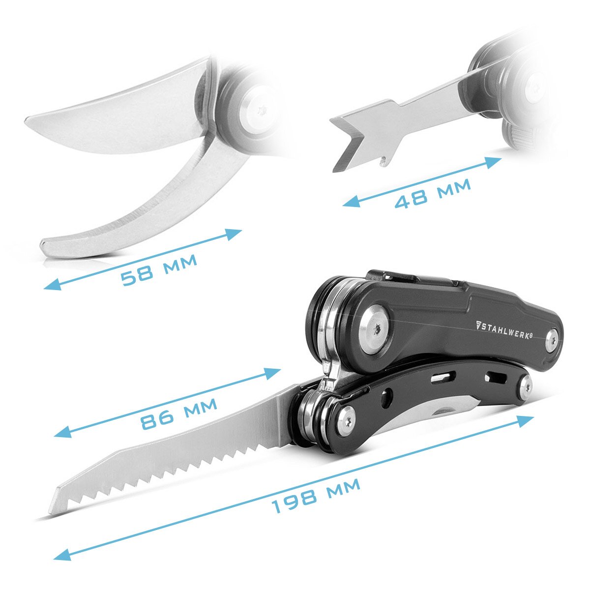 Steelwork 5 aletli çoklu tool, yüksek kaliteli pocties bıçağı / katlanır bıçak / bahçe makası, testere, bıçak, kök stug ve kuşu ile çok fonksiyonlu alet