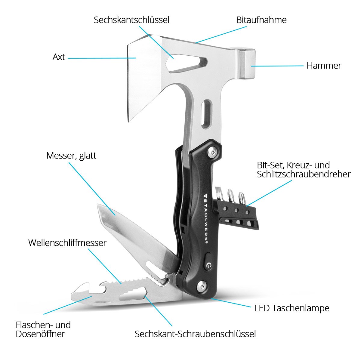 Steelwork Multi -tool / multifunctional tool / hammer ax / survival kit with pocket knife LED flashlight screwdriver set