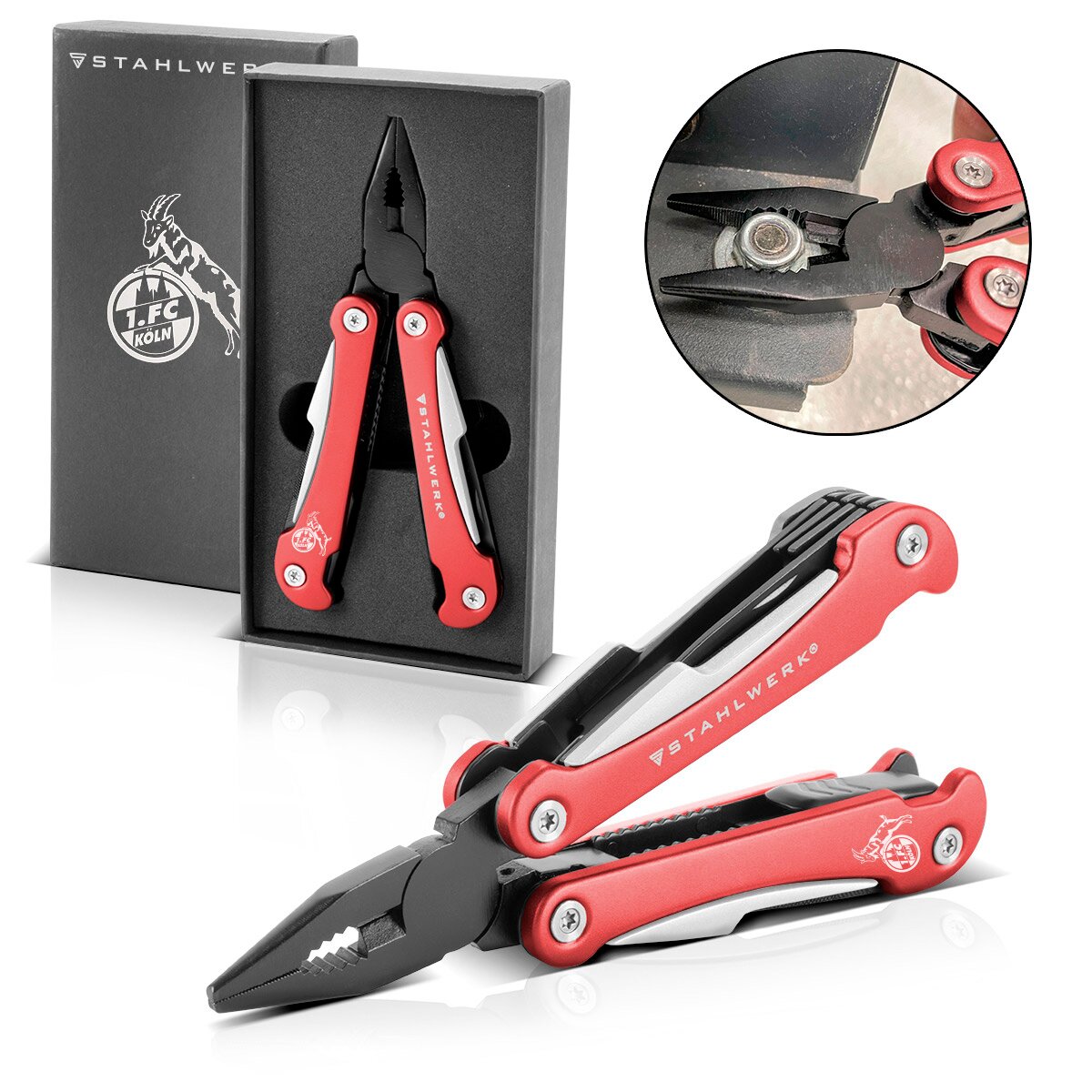 Stahlwerk Multitool 1. FC Köln Edition with 13 tools High -quality pocket knife | Folding knife | Multifunctional tool with knife, saw, file, combination, wire cutter, screwdriver and much more.