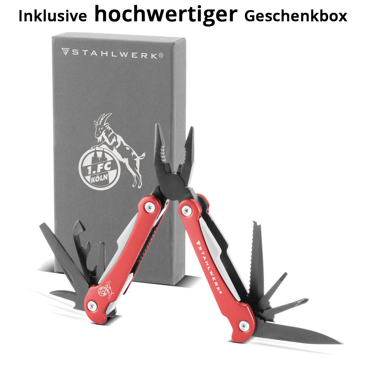 Stahlwerk Multitool 1. FC Köln Edition with 13 tools High -quality pocket knife | Folding knife | Multifunctional tool with knife, saw, file, combination, wire cutter, screwdriver and much more.