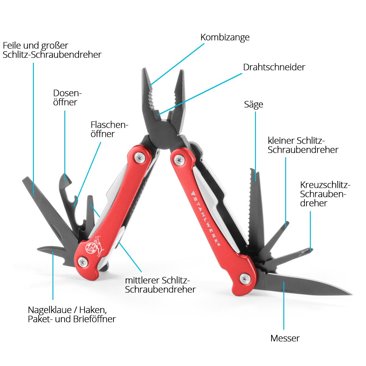 Stahlwerk Multitool 1. FC Köln Edition with 13 tools High -quality pocket knife | Folding knife | Multifunctional tool with knife, saw, file, combination, wire cutter, screwdriver and much more.