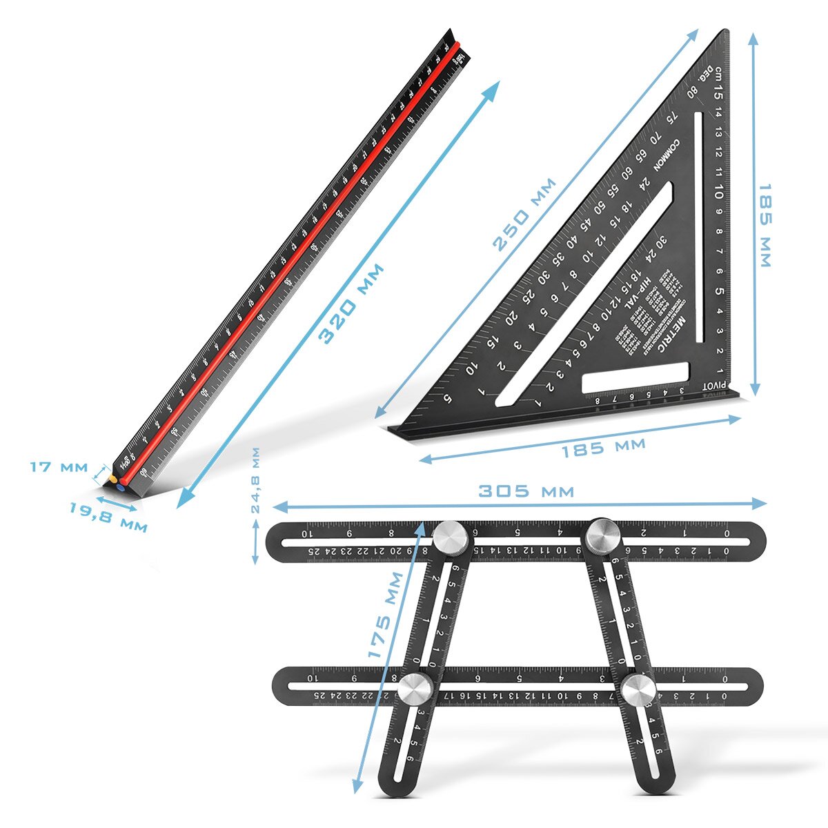 STAHLWERK Lineal Set mit Multiwinkel-Messlineal, Dreikant-Lineal und Winkeldreieck mit Anschlag zum präzisen Messen, Anreißen, Markieren und Zeichnen