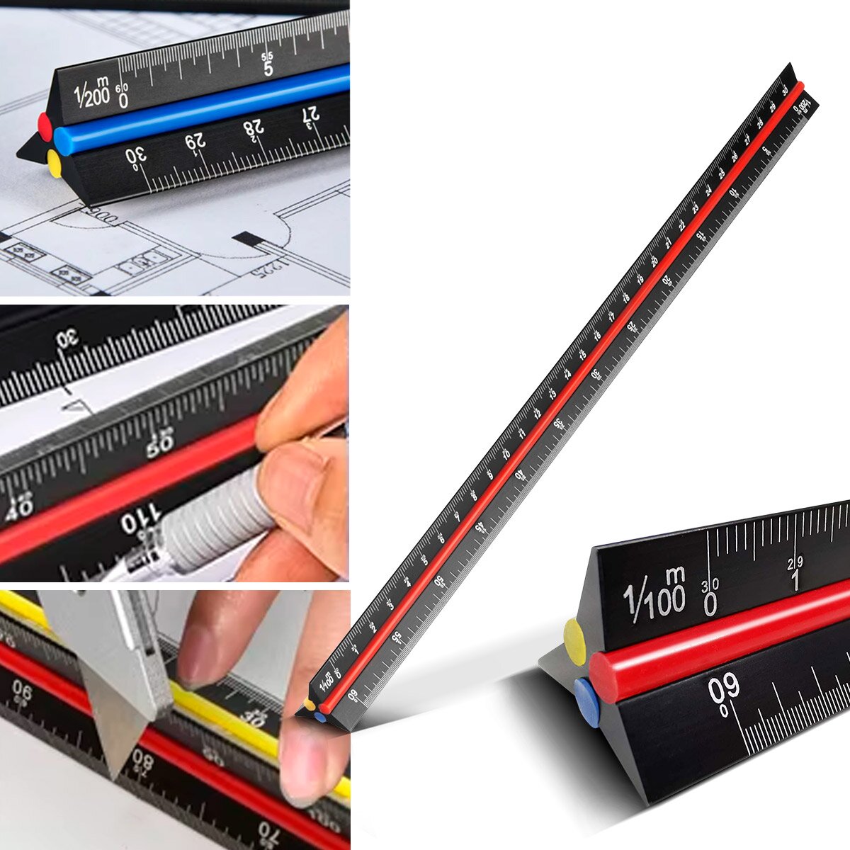 STAHLWERK Lineal Set mit Multiwinkel-Messlineal, Dreikant-Lineal und Winkeldreieck mit Anschlag zum präzisen Messen, Anreißen, Markieren und Zeichnen