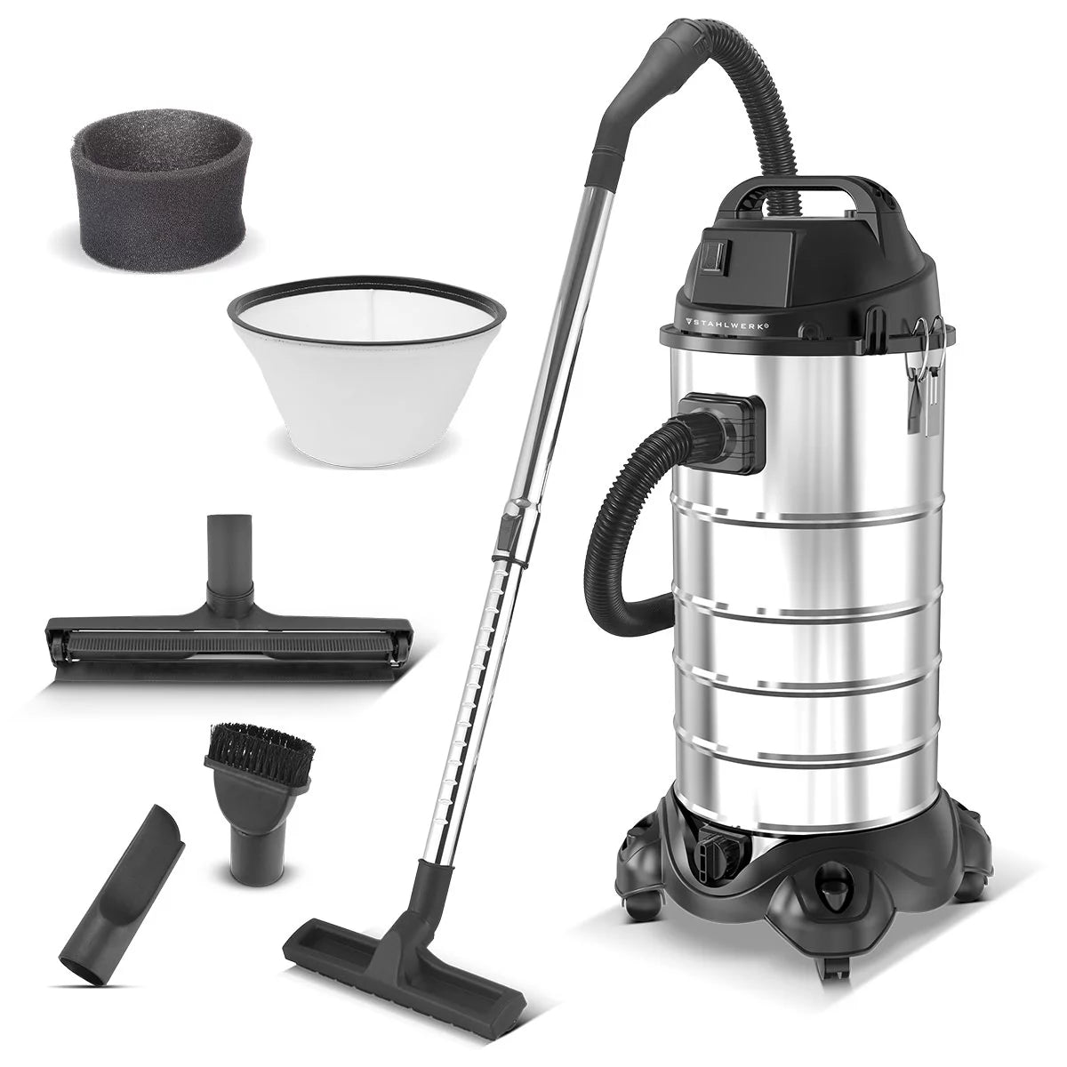 STAHLWERK wet and dry vacuum cleaner VCL-1500 ST | 1500 W industrial vacuum cleaner with 40 l stainless steel container | Blowing function and safety shutdown | Extensive accessory package | Robust workshop vacuum cleaner