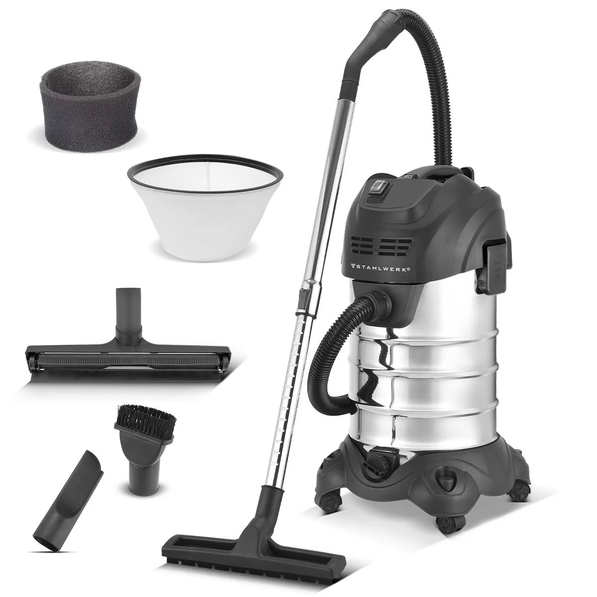 STAHLWERK wet and dry vacuum cleaner VCL-1600 ST | 1600 W industrial vacuum cleaner with 35 l stainless steel container | Blowing function and safety shutdown | Extensive accessory package | Robust workshop vacuum cleaner