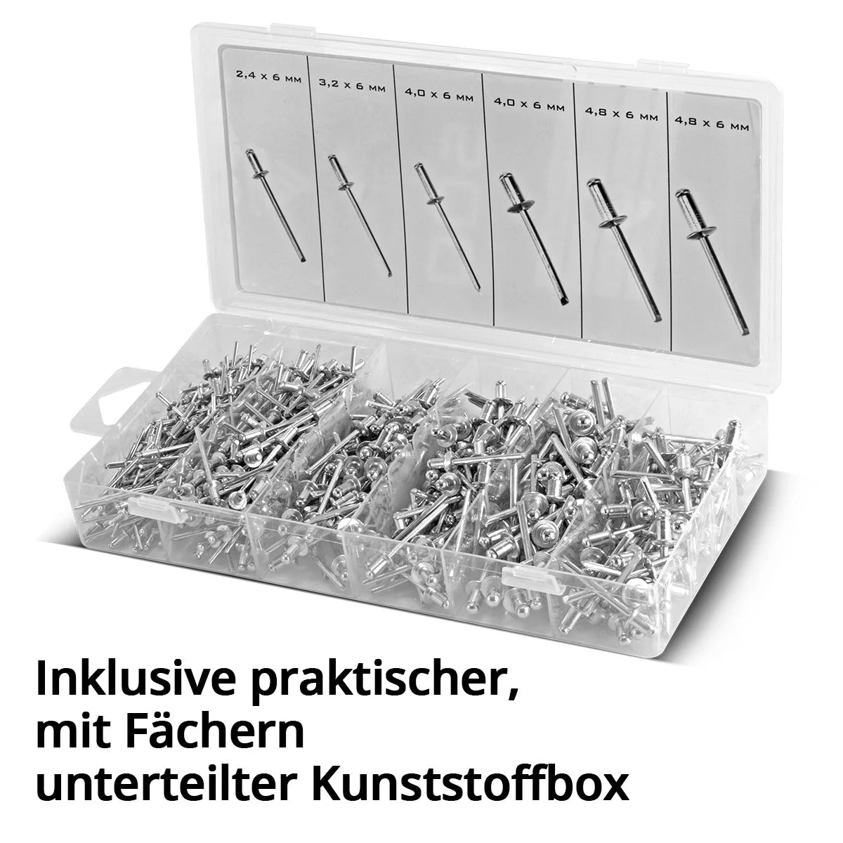 STAHLWERK Nieten Sortiment 1000-teilig | Blindnieten Set in praktischer Kunststoffbox | Nieten aus Aluminium in 4 verschiedenen Größen | Popnieten zur Verwendung mit Nietzangen