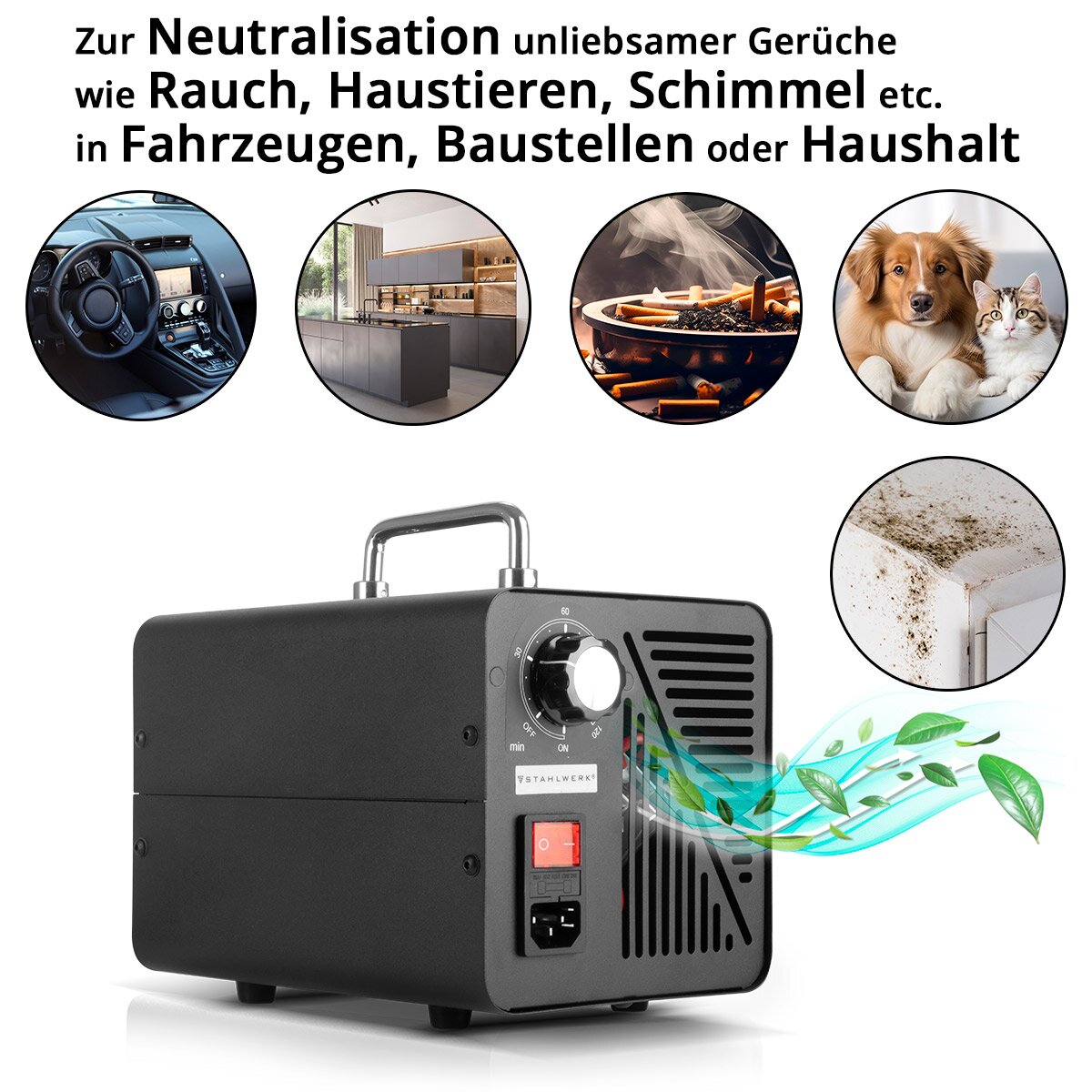 Stahlwerk Ozone generator OG-30 ST with 30 g/h, up to 200 sqm, continuous operation and timer function, ozonizer | Ozone device | Ozone air cleaner for neutralizing smells in car, household and building renovation