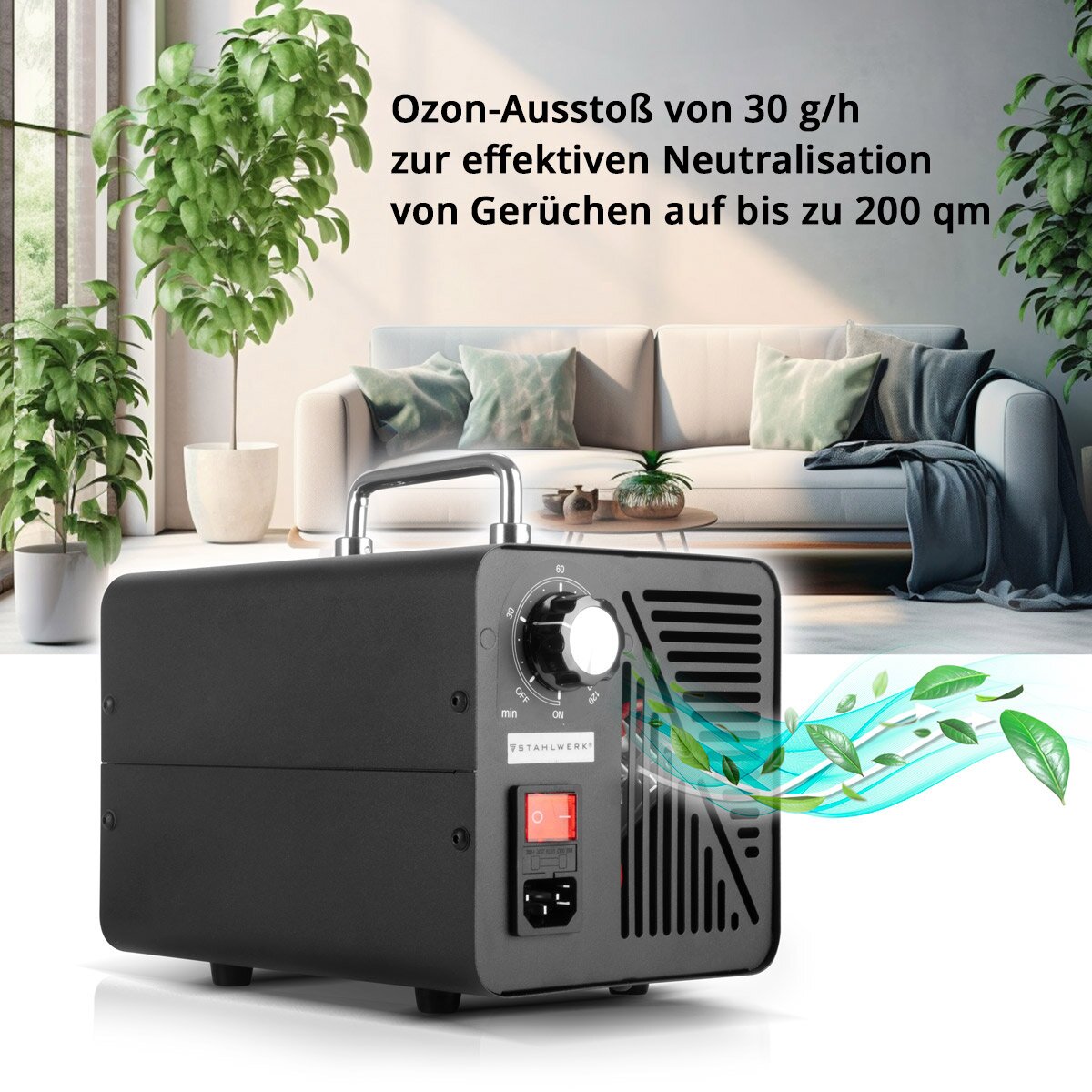 Stahlwerk Ozone generator OG-30 ST with 30 g/h, up to 200 sqm, continuous operation and timer function, ozonizer | Ozone device | Ozone air cleaner for neutralizing smells in car, household and building renovation