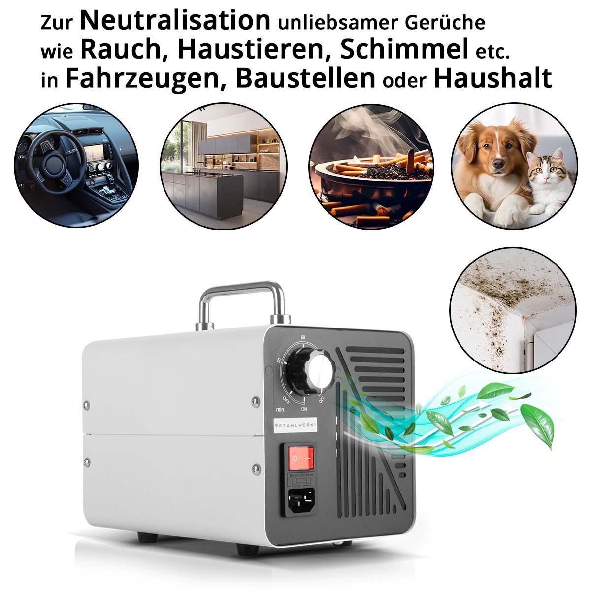 Stahlwerk Ozone generator OG-30 ST with 30 g/h, up to 200 sqm, continuous operation and timer function, ozonizer | Ozone device | Ozone air cleaner for neutralizing smells in car, household and building renovation