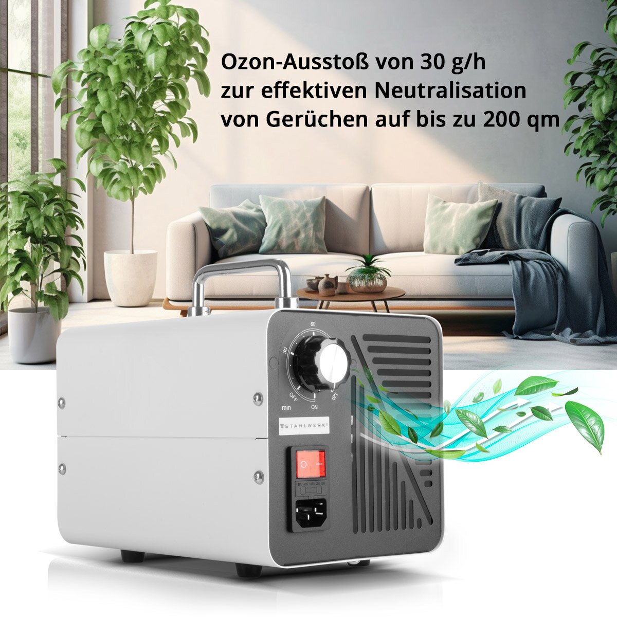 Stahlwerk Ozone generator OG-30 ST with 30 g/h, up to 200 sqm, continuous operation and timer function, ozonizer | Ozone device | Ozone air cleaner for neutralizing smells in car, household and building renovation