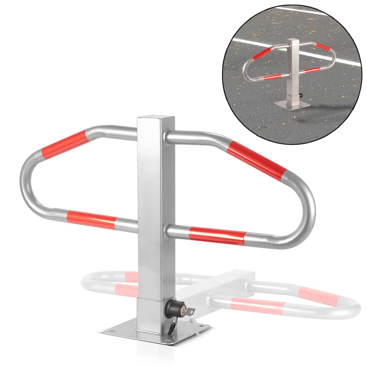 STAHLWERK Parkplatzsperre umlegbar | Parkplatzbügel klappbar | Parksperre mit robuster Stahlkonstruktion und Signalstreifen | Sperrbügel zur Sicherung von Parkplätzen, Einfahrten und Ladezonen
